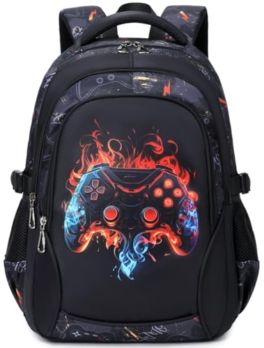 BABUN Boys Backpack for Elementary Kids Bookbag Middle School Bags Heavy Duty Soccer Laptop Durable Waterproof 18 In (4-Flame Game) - Image 1