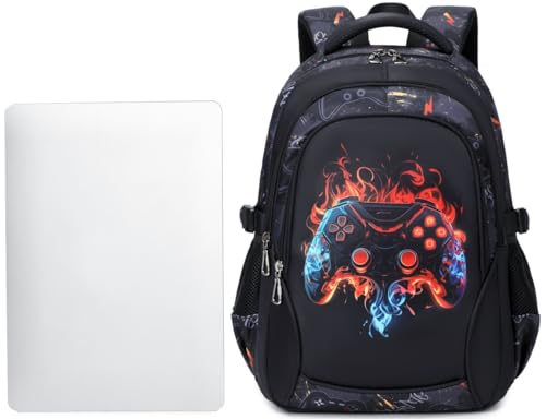 BABUN Boys Backpack for Elementary Kids Bookbag Middle School Bags Heavy Duty Soccer Laptop Durable Waterproof 18 In (4-Flame Game) - Image 3