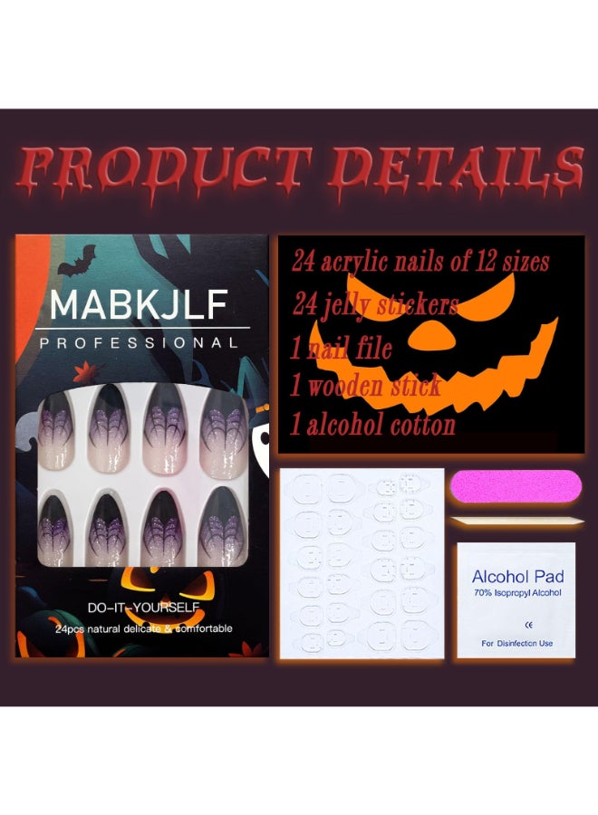 MABKJLF Halloween Press on Nails Medium Almond French Tip Fake Nails Purple Gradient Full Cover Spider Web False Nails with Designs Glossy Glitter Glue on Nails Artificial Acrylic Nails for Women Girls 24Pcs - Image 4
