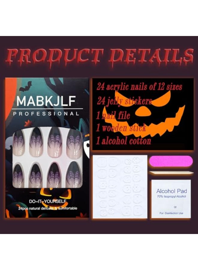 MABKJLF Halloween Press on Nails Medium Almond French Tip Fake Nails Purple Gradient Full Cover Spider Web False Nails with Designs Glossy Glitter Glue on Nails Artificial Acrylic Nails for Women Girls 24Pcs - Image 3