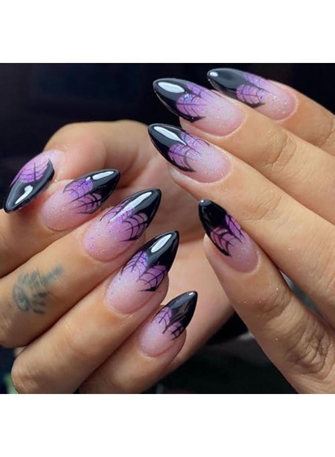 MABKJLF Halloween Press on Nails Medium Almond French Tip Fake Nails Purple Gradient Full Cover Spider Web False Nails with Designs Glossy Glitter Glue on Nails Artificial Acrylic Nails for Women Girls 24Pcs - Image 1