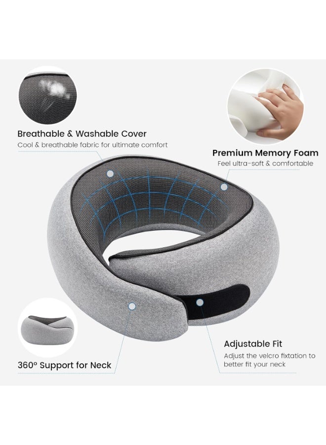Memory Foam Travel Neck Pillow with Eye Mask & Ear Plugs – Ergonomic Cushion for Airplane, Car & Train Journeys, Grey - Image 5