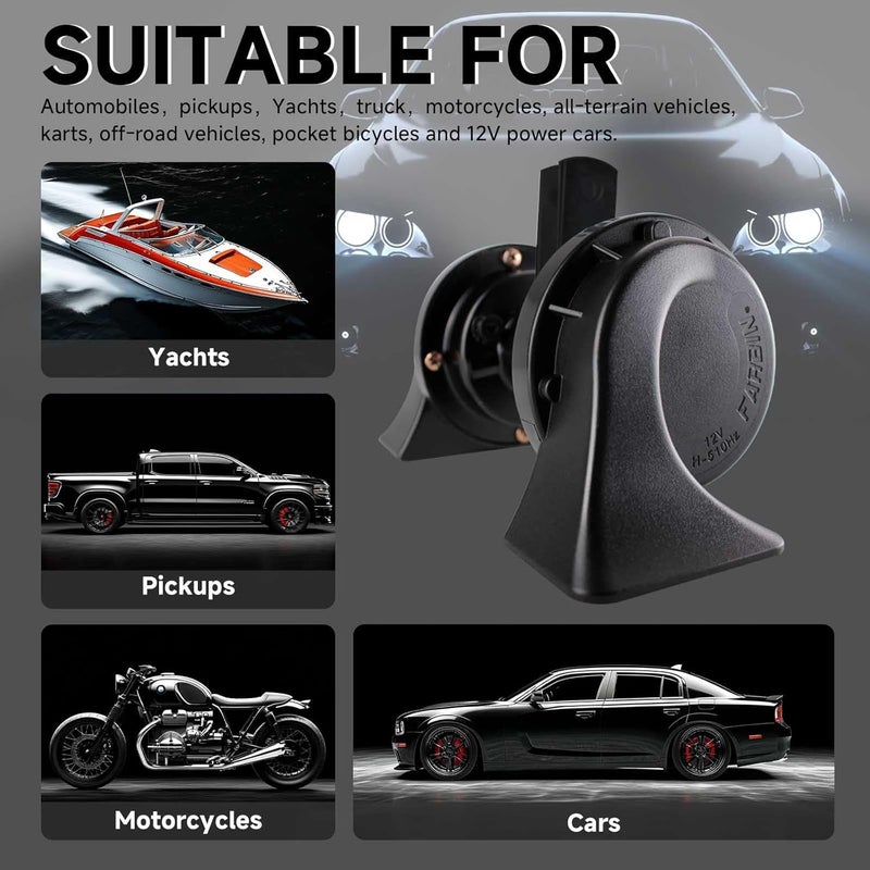 FARBIN Car Horn 12V Compact Motorcycle Horn Super Loud High Low Daul Tone Waterproof Snail Horns for Trucks Trains Cars Pickup Lorries (Black) - Image 3