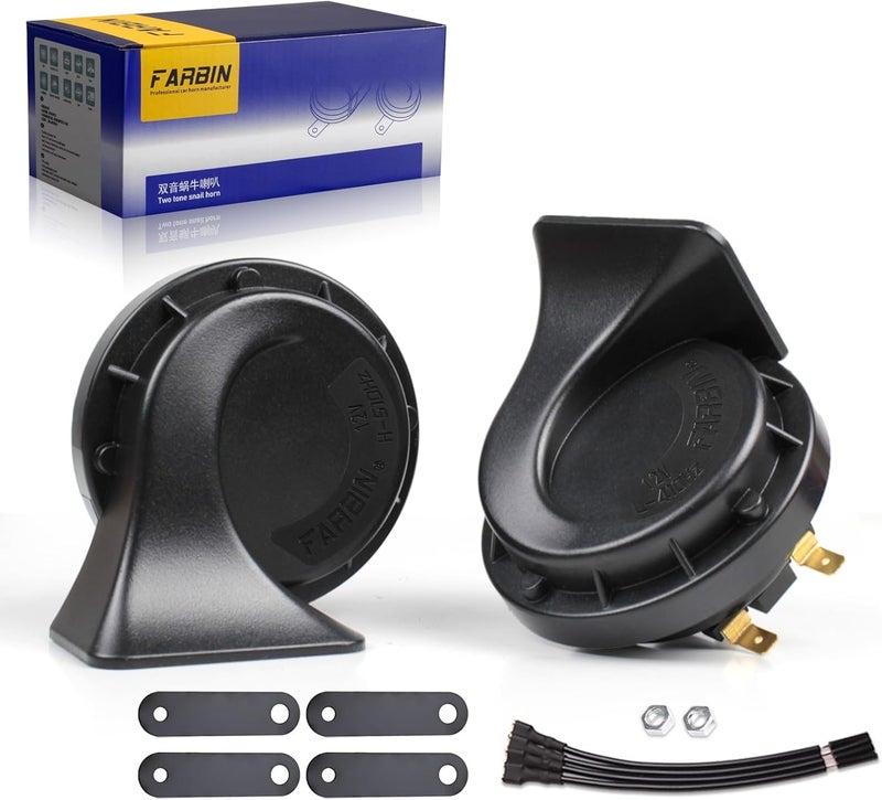 FARBIN Car Horn 12V Compact Motorcycle Horn Super Loud High Low Daul Tone Waterproof Snail Horns for Trucks Trains Cars Pickup Lorries (Black) - Image 1