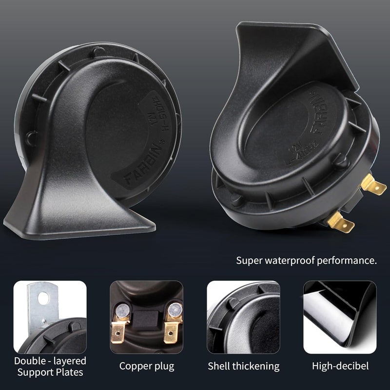 FARBIN Car Horn 12V Compact Motorcycle Horn Super Loud High Low Daul Tone Waterproof Snail Horns for Trucks Trains Cars Pickup Lorries (Black) - Image 5