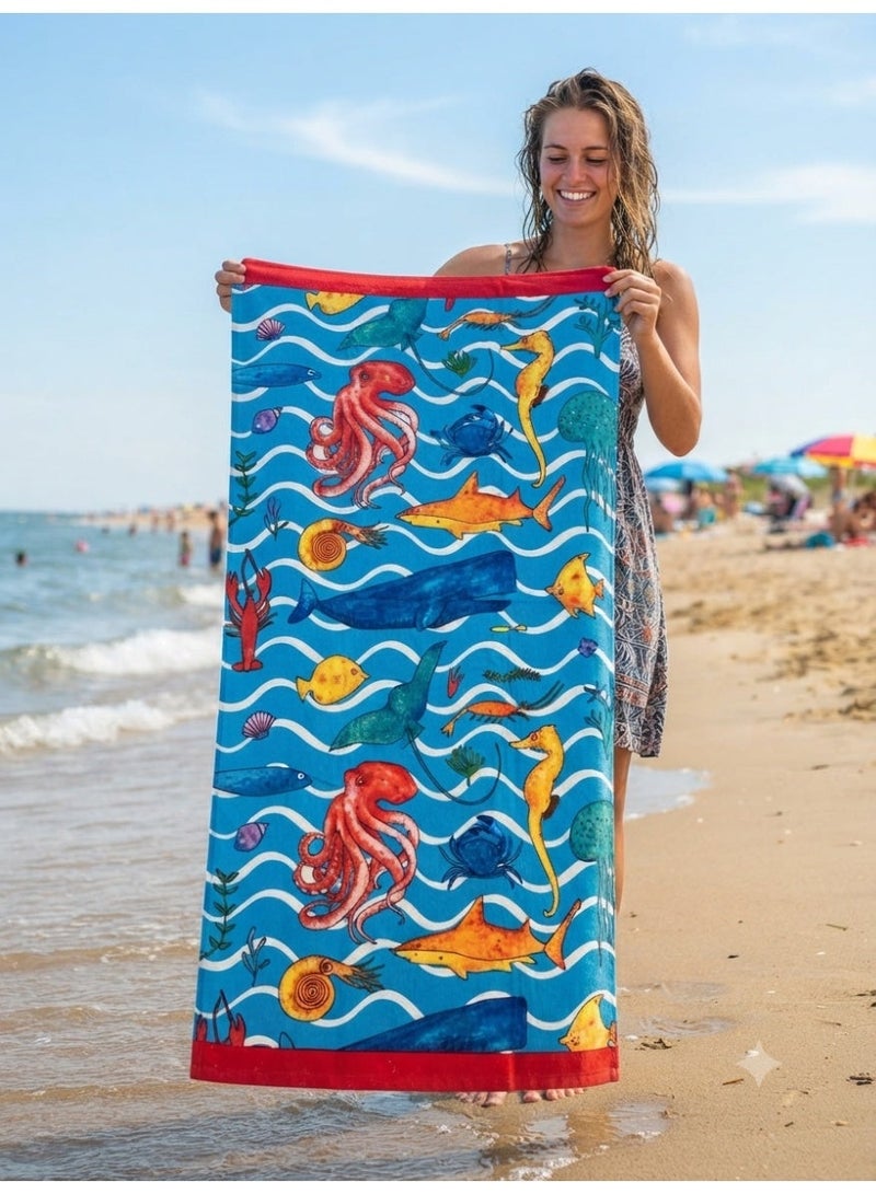 cotton beach towel with under the sea print,140x70 cm - Image 1
