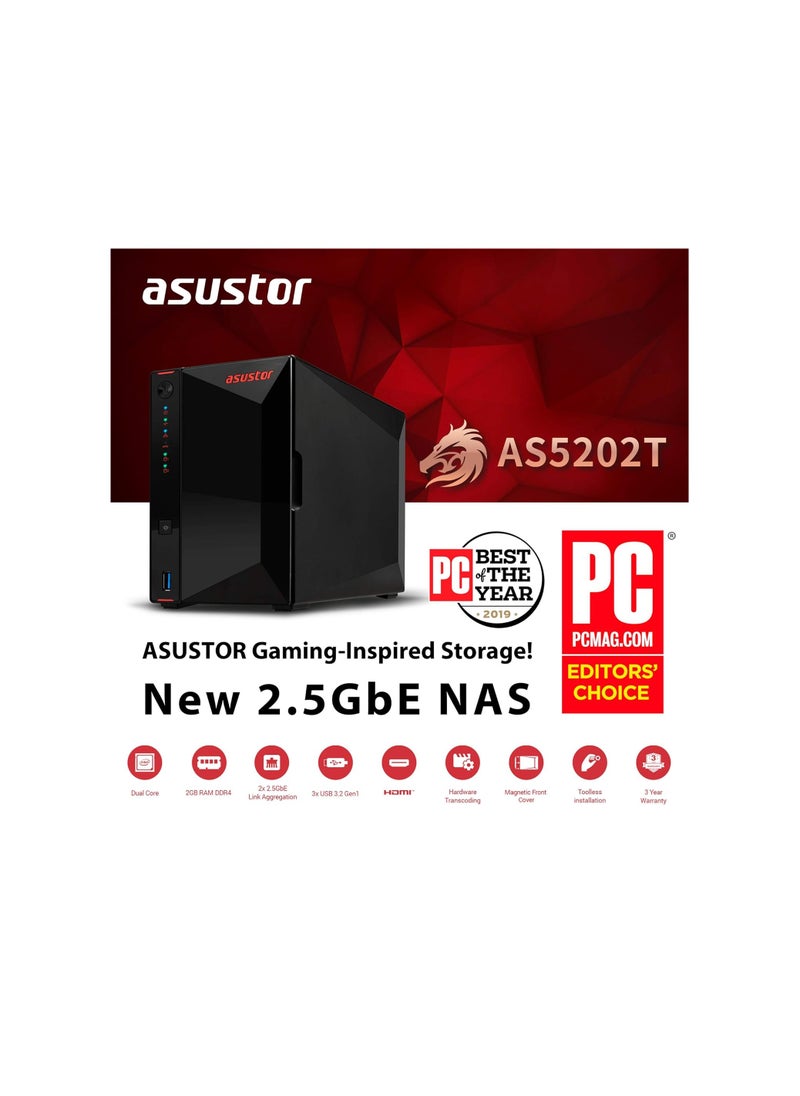 asustor - Nimbustor 2 Gaming Inspired Network Attached Storage AS5202T, Intel J4005 2.0GHz Dual-Core, Two 2.5GbE Port, 2GB RAM DDR4, 4GB eMMC Flash Memory, Personal Private Cloud (2 Bay Diskless NAS) - Image 1
