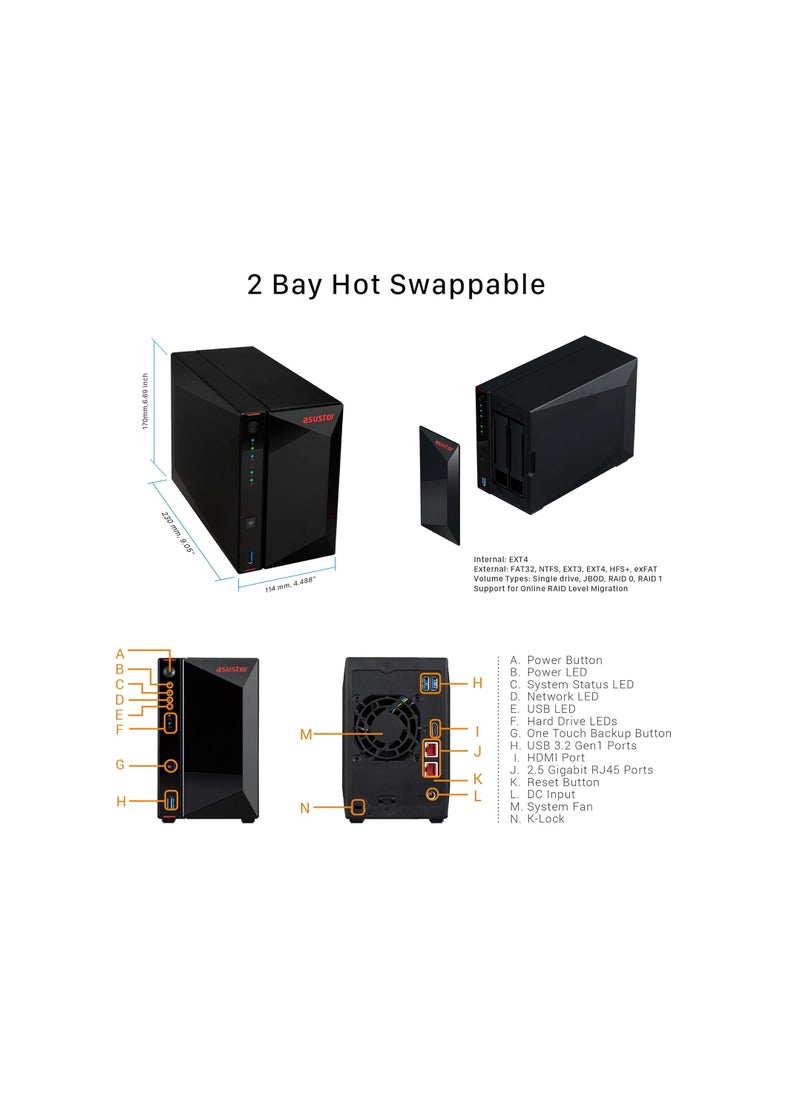 asustor - Nimbustor 2 Gaming Inspired Network Attached Storage AS5202T, Intel J4005 2.0GHz Dual-Core, Two 2.5GbE Port, 2GB RAM DDR4, 4GB eMMC Flash Memory, Personal Private Cloud (2 Bay Diskless NAS) - Image 1