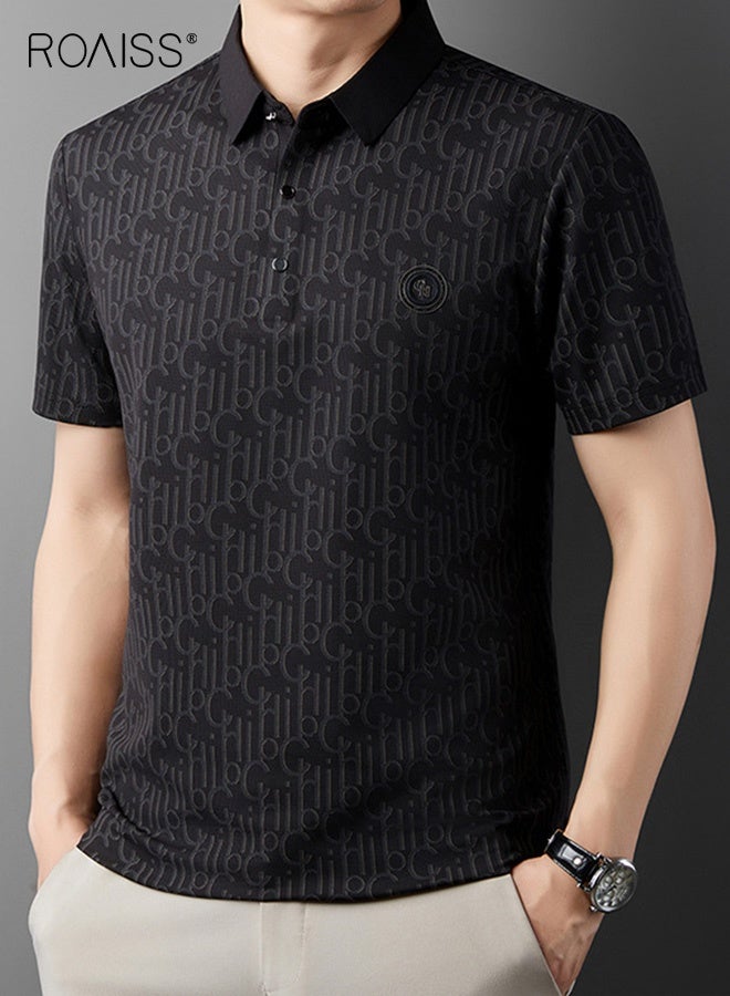 roaiss Summer Black Men's Short Sleeve Polo T-Shirt Casual Pullover Printed Top With Breathable Cotton Blend Fashionable for Everyday Comfort - Image 1