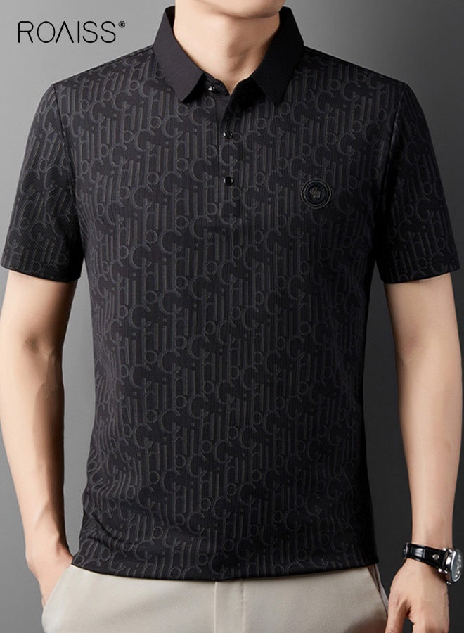 roaiss Summer Black Men's Short Sleeve Polo T-Shirt Casual Pullover Printed Top With Breathable Cotton Blend Fashionable for Everyday Comfort - Image 2