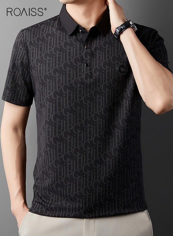 roaiss Men Stylish Polo Shirts, Printed Short Sleeve T Shirt for Men, Casual Versatile Tops with Button Closure, Great for Daily Wear or Any Outdoor Activities - Image 4