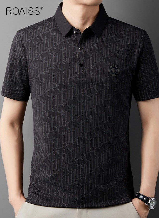roaiss Men Stylish Polo Shirts, Printed Short Sleeve T Shirt for Men, Casual Versatile Tops with Button Closure, Great for Daily Wear or Any Outdoor Activities - Image 5