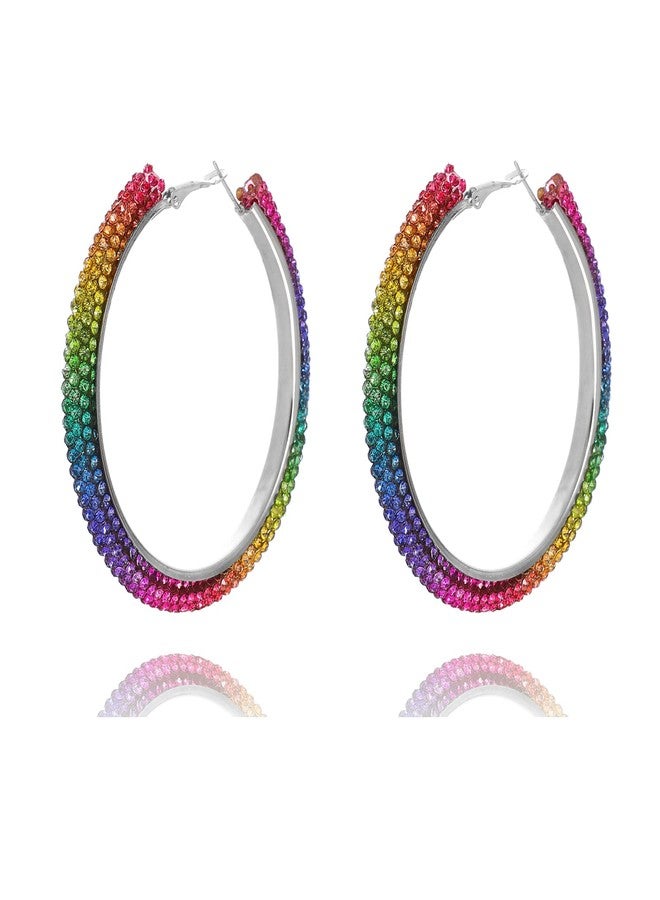 Handmade Boho Rainbow Earrings for Women Girls Sparkly Cubic Jewel Geometric Statement Hoop Earrings Pave Bling Round Crystal Rhinestone Wrapped Hoop Earrings (Colorful Rainbow Hoop)