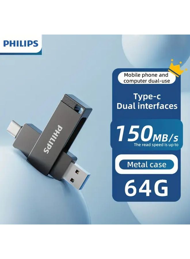 Philips Dual Head USB 3 2 64GB Flash Drive High Speed Portable Metal Storage - Image 1