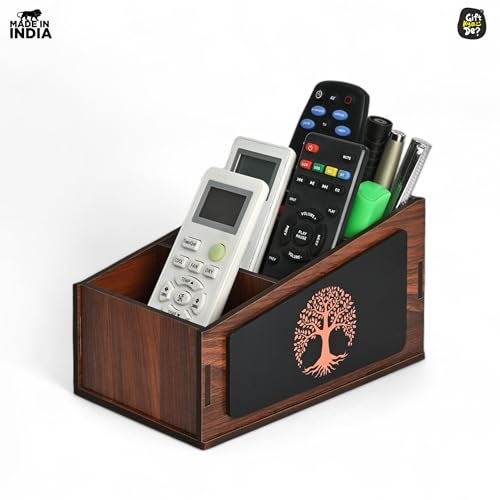Gift Kya De GKD Remote Stand with 3 Sections | Wooden Remote Holder for Living Room, TV, and AC | Stationary Organizer | 3 in 1 | Ideal for Home and Office, New Year Gift, Housewarming Gift (Tree Wood) - Image 2