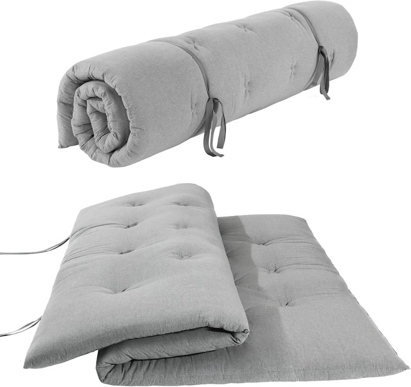 IMSMARTMART Mattress Futon Single Bed Mattress Foldable Roll Up Tatami 2.5" Thicken Futon Roll Up Floor Mat, Tufted Sleeping Pad with Ties, Guest Bed, Light Grey (Small Single 30X72 Inches) - Image 1