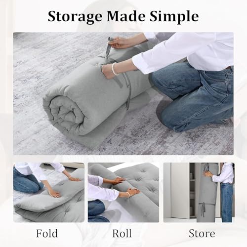 IMSMARTMART Mattress Futon Single Bed Mattress Foldable Roll Up Tatami 2.5" Thicken Futon Roll Up Floor Mat, Tufted Sleeping Pad with Ties, Guest Bed, Light Grey (Small Single 30X72 Inches) - Image 5