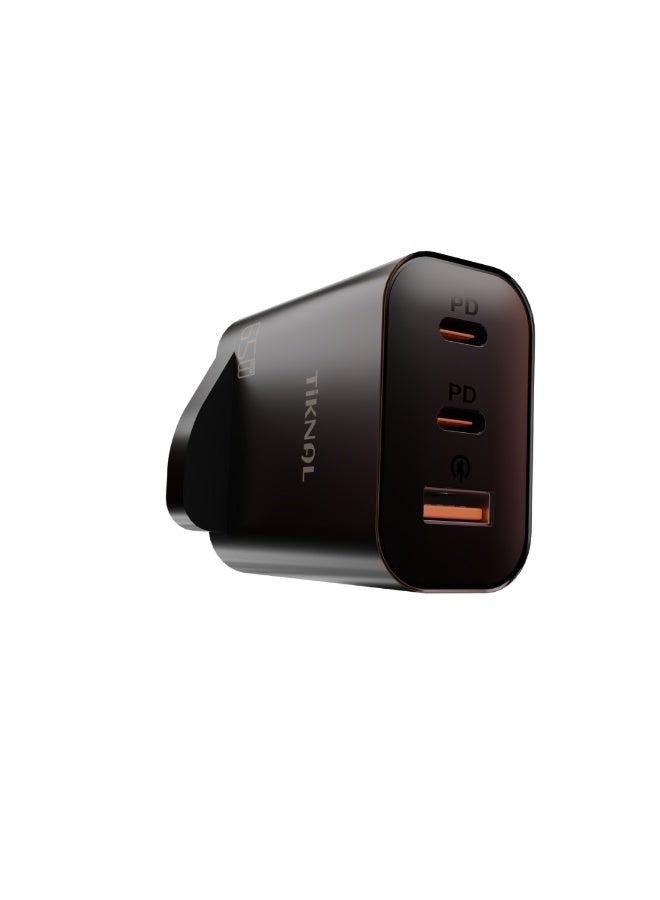 TIKNAL 65W GaN Wall Charger, Dual USB-C PD and USB-A QC 3.0 Ports, Fast Charger for Multiple Devices - Image 3