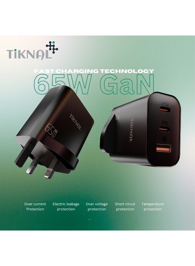 TIKNAL 65W GaN Wall Charger, Dual USB-C PD and USB-A QC 3.0 Ports, Fast Charger for Multiple Devices - Image 2