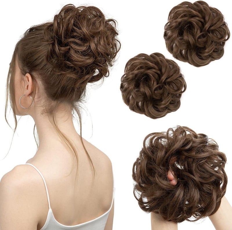 SARLA 2PCS Messy Hair Bun Hair Piece Small Scrunchies Synthetic Bun Hairpieces for Women Girls Updo Hair Extensions (Medium Brown) - Image 1