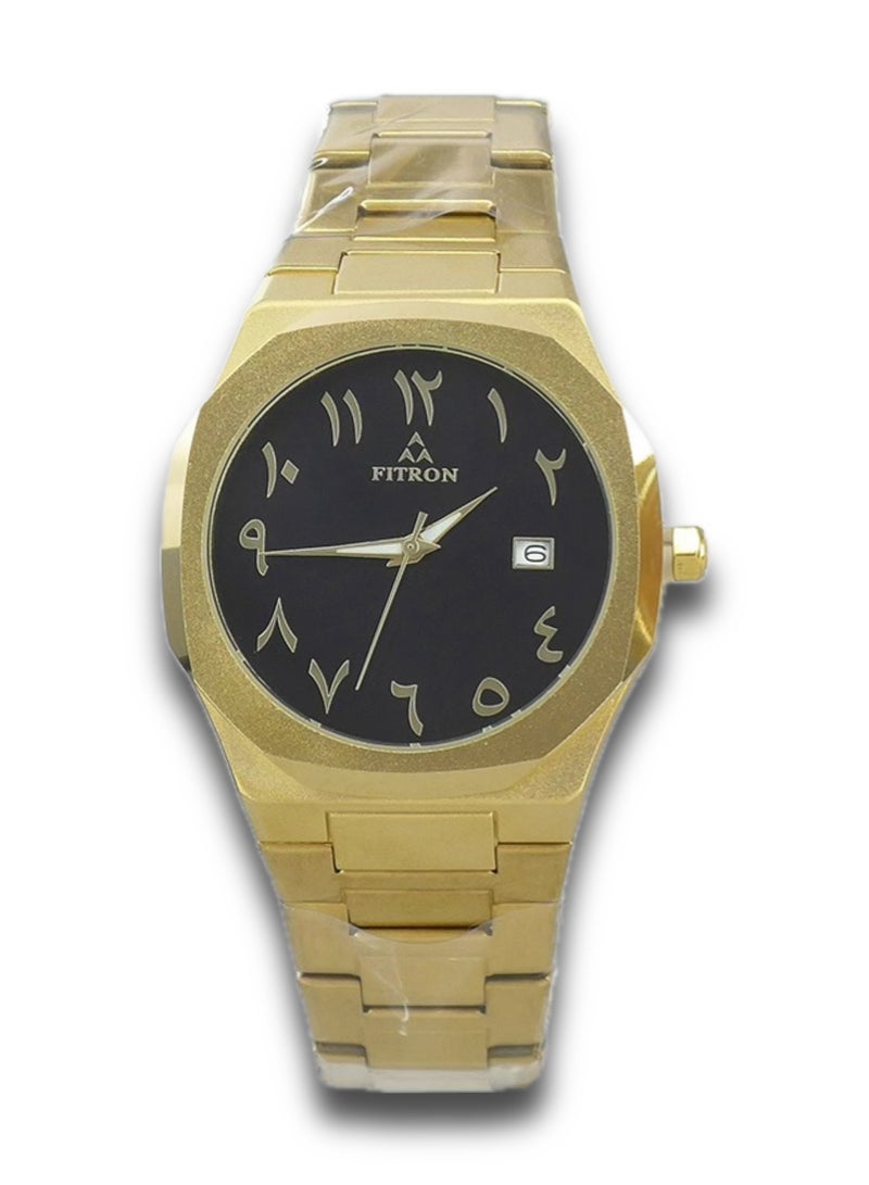 Fitron Men's Gold Wrist Watch with Black Dial and Date and Arabic Numbers - Image 1