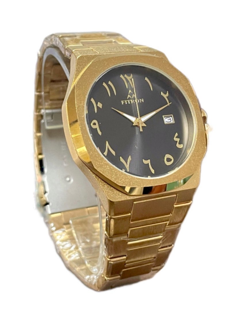 Fitron Men's Gold Wrist Watch with Black Dial and Date and Arabic Numbers - Image 2