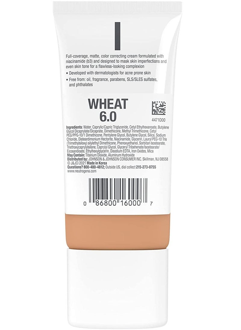 Neutrogena - Neutrogena Clear Full Coverage Flawless Matte CC Cream, Face Makeup with Niacinamide, Paraben & Phthalate Free, Wheat, 1 Fl Oz - Image 1