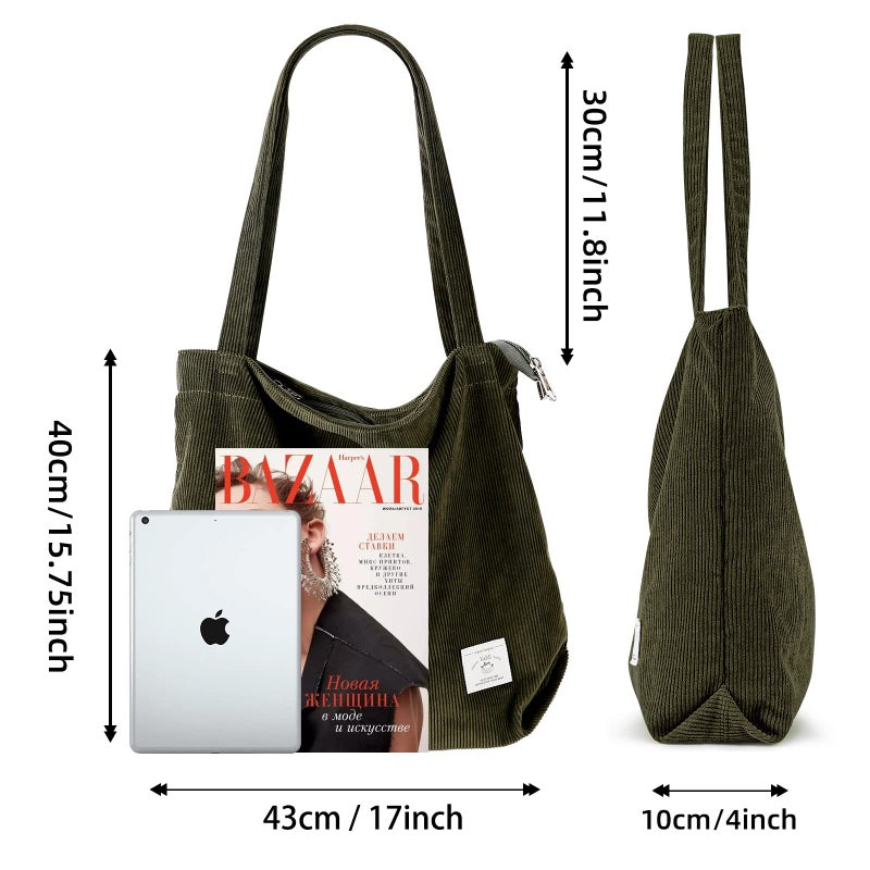 KALIDI FANCY FOREST KALIDI Large Totes Bag Women Corduroy Shoulders Handbag Lightweight Shopping Purse with Zipper Pockets, Green - Image 2