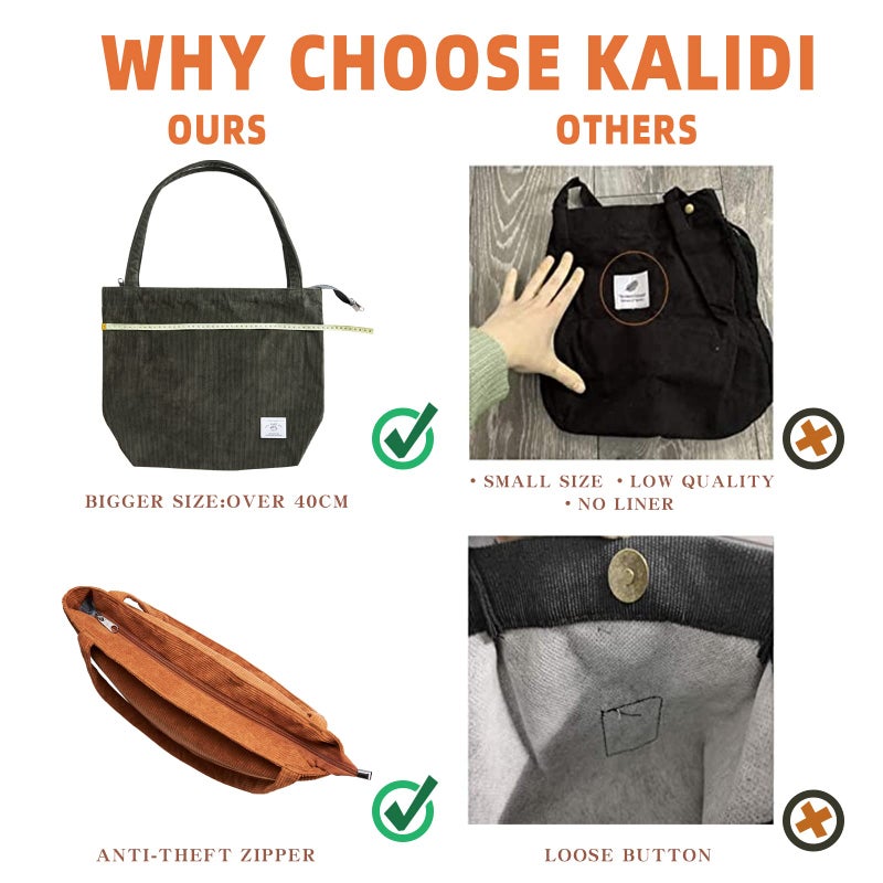 KALIDI FANCY FOREST KALIDI Large Totes Bag Women Corduroy Shoulders Handbag Lightweight Shopping Purse with Zipper Pockets, Green - Image 4