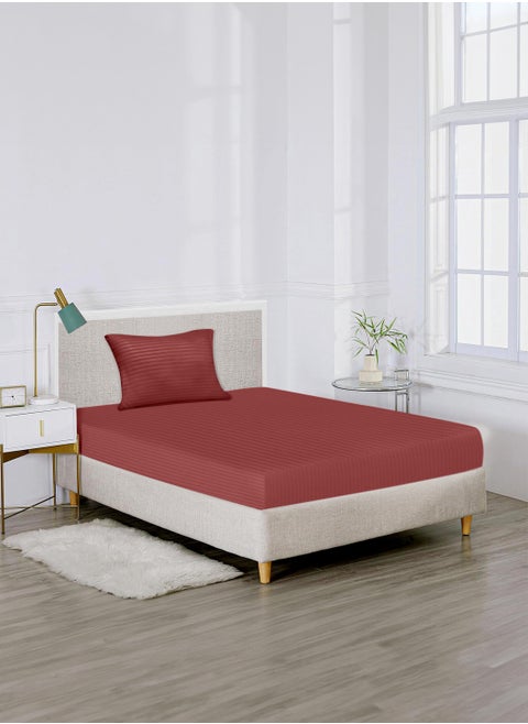 Single Striped Fitted Elastic Bedsheet with 1 Pillow Case 90 x 190 Cm Maroon