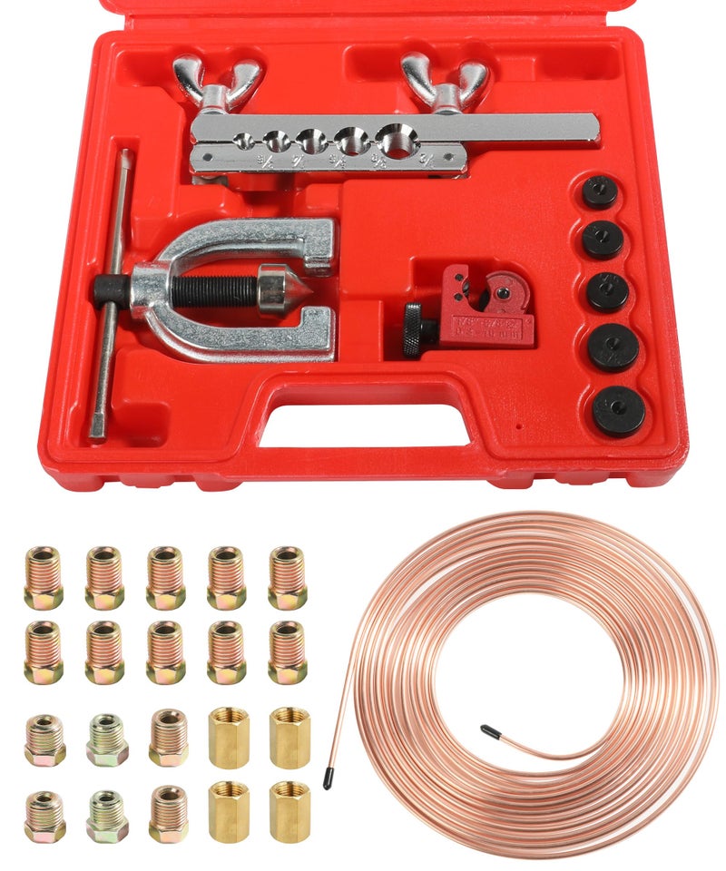YAKEFLY 25 ft 316 Copper Coated Brake Line Kit with 16 Fittings and 4 Unions Brake Line FittingsBrake Line Double Single Flaring Tool KitFits for Most Hydraulic Braking SystemsFuel Systemsetc