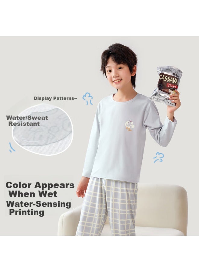 Long time companion Jiushi Children's Pajamas, Boys And Girls Thin Style, Class A Cotton Home Wear, For Older Children And Teenagers, Long-sleeve And Long Pants Set - Image 3