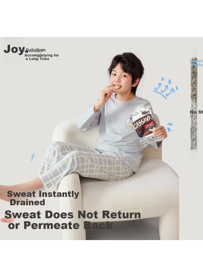 Long time companion Jiushi Children's Pajamas, Boys And Girls Thin Style, Class A Cotton Home Wear, For Older Children And Teenagers, Long-sleeve And Long Pants Set - Image 2
