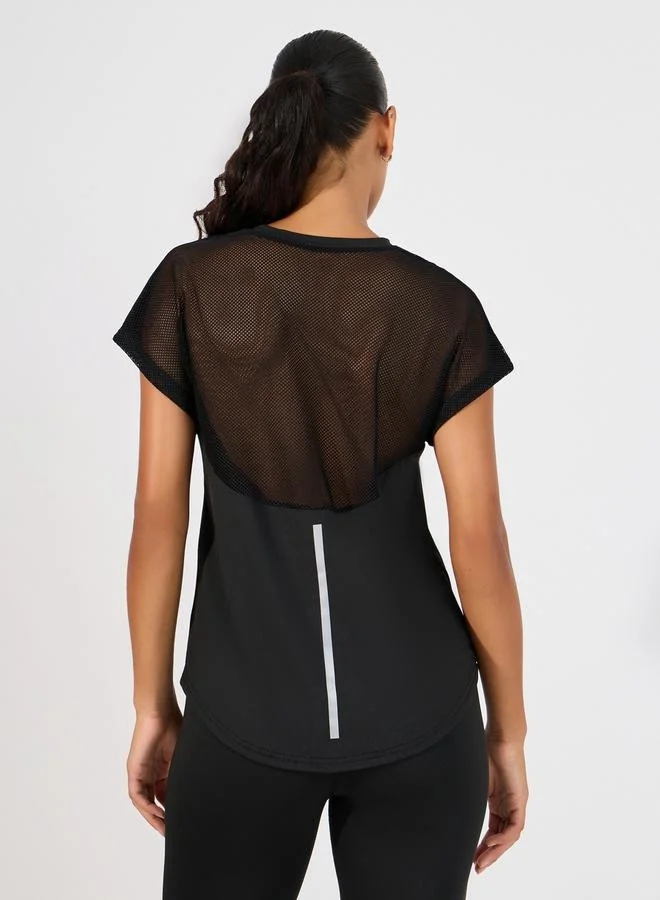 Styli Half Back Mesh & Reflective Stripe Detail Top