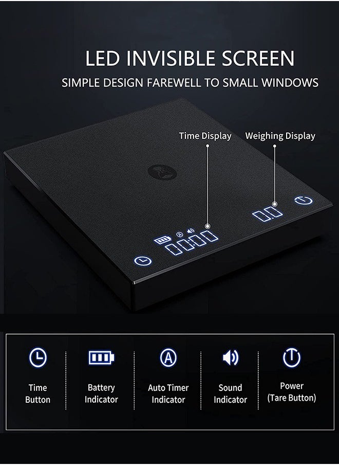 جارلو - مقياس القهوة مع توقيت 2kg، 0.1g الرقمية اليد قطرة القهوة جرام المقاييس مع USB الناتج مقاومة للماء متعددة الوظائف مقياس القهوة الإسبريسو مقياس المطبخ مع وسادة السيليكون (أسود) - Image 1