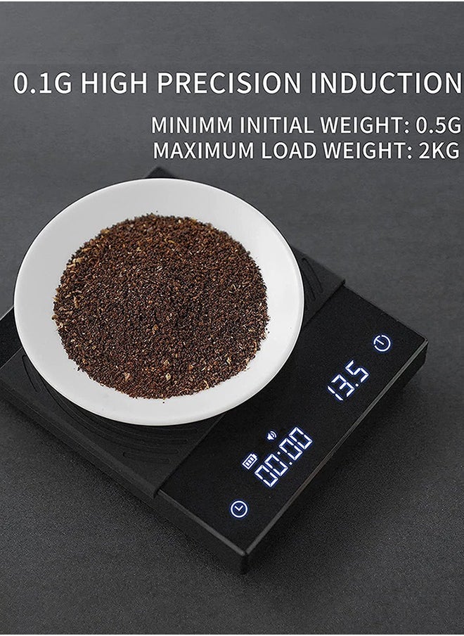 جارلو - مقياس القهوة مع توقيت 2kg، 0.1g الرقمية اليد قطرة القهوة جرام المقاييس مع USB الناتج مقاومة للماء متعددة الوظائف مقياس القهوة الإسبريسو مقياس المطبخ مع وسادة السيليكون (أسود) - Image 1
