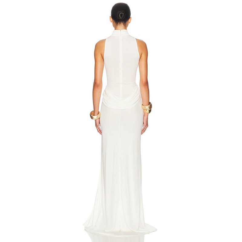 Women's Solid High Waist Sleeveless Pleated Long Dress with Slit - Image 4