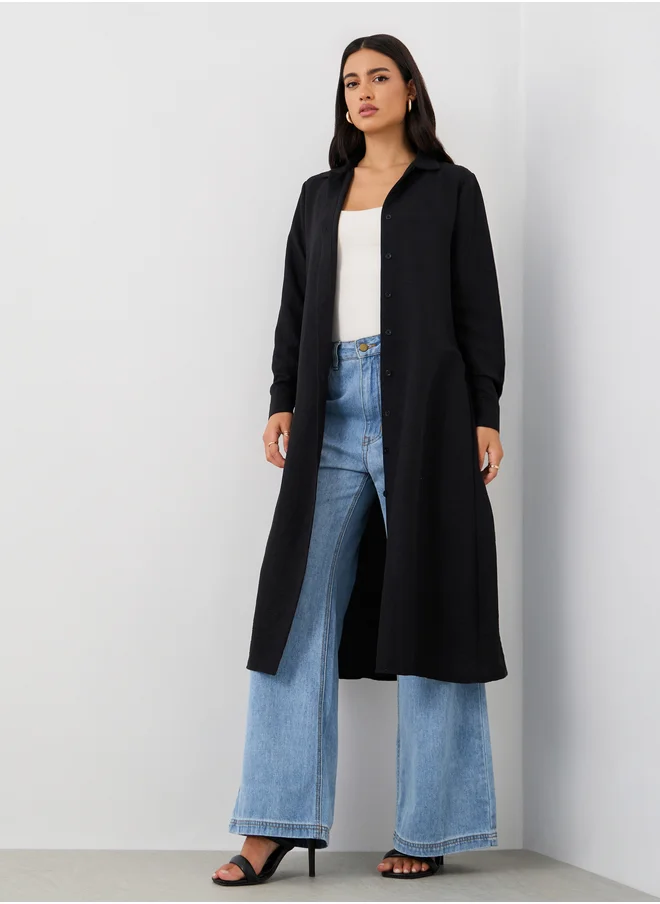 Styli Solid Regular Fit Spread Collar Shirt Kimono