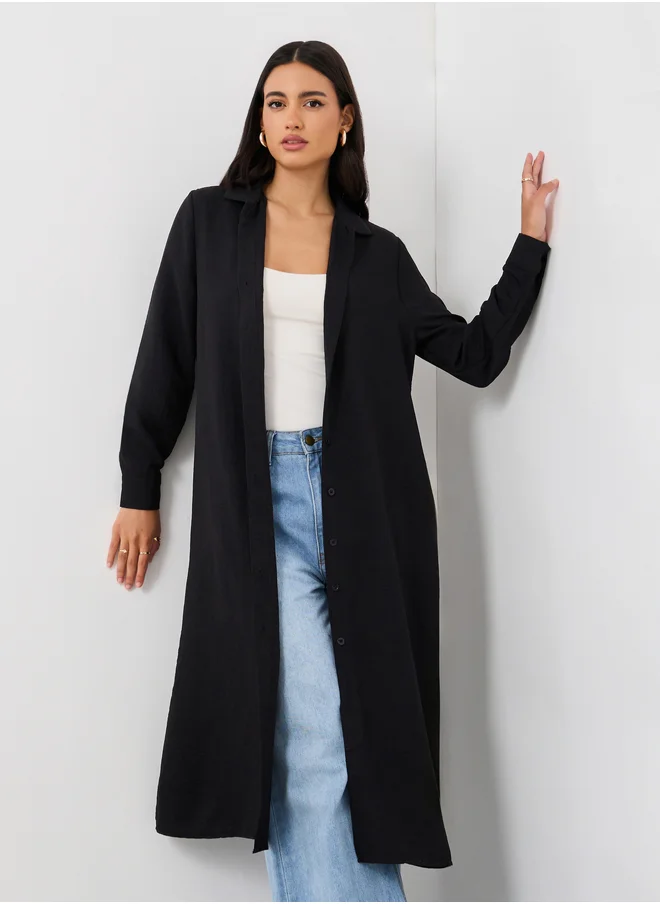 Styli Solid Regular Fit Spread Collar Shirt Kimono
