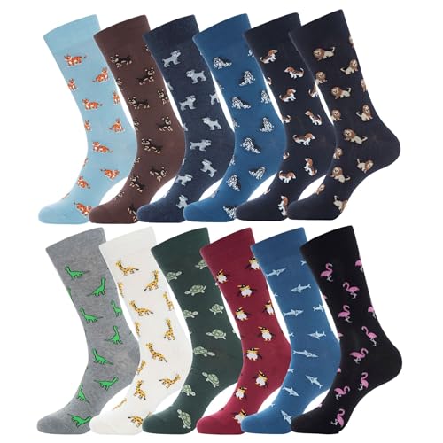 YEJIMONG Men’s Fun Animal Patterned Dress Socks - Cotton Funny and Novelty Casual Crew Socks 12 Pack (Shoe Size 9-12) (Animal Pattern - 12 Pairs) - Image 1