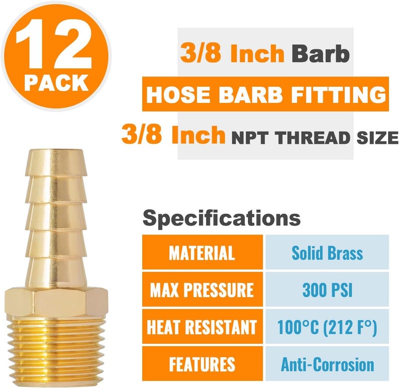 SUNGATOR 12 حزمة من ملحقات خرطوم الهواء 3/8 بوصة، ملحقات خرطوم نحاسية، محول أنبوب ذكر 3/8 بوصة NPT إلى نهاية خرطوم 3/8 بوصة، مجموعة إصلاح خط الهواء النحاسية 3/8 بوصة للضاغط، الغاز، ورشة السيارات - Image 4