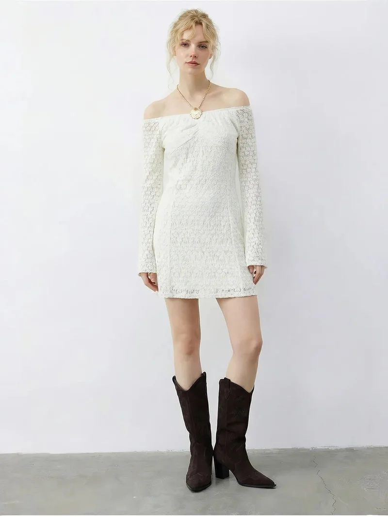 Bianco Lucci White LUCCI Lace Off Shoulder Mini Dress for Women | Best Price UAE