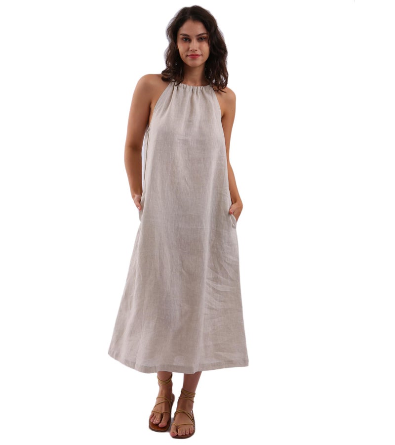 Amazhiyu Womens Linen Halter Sleeveless Maxi Dress Tie Back with Belt and Pockets Flax, Large - Image 1