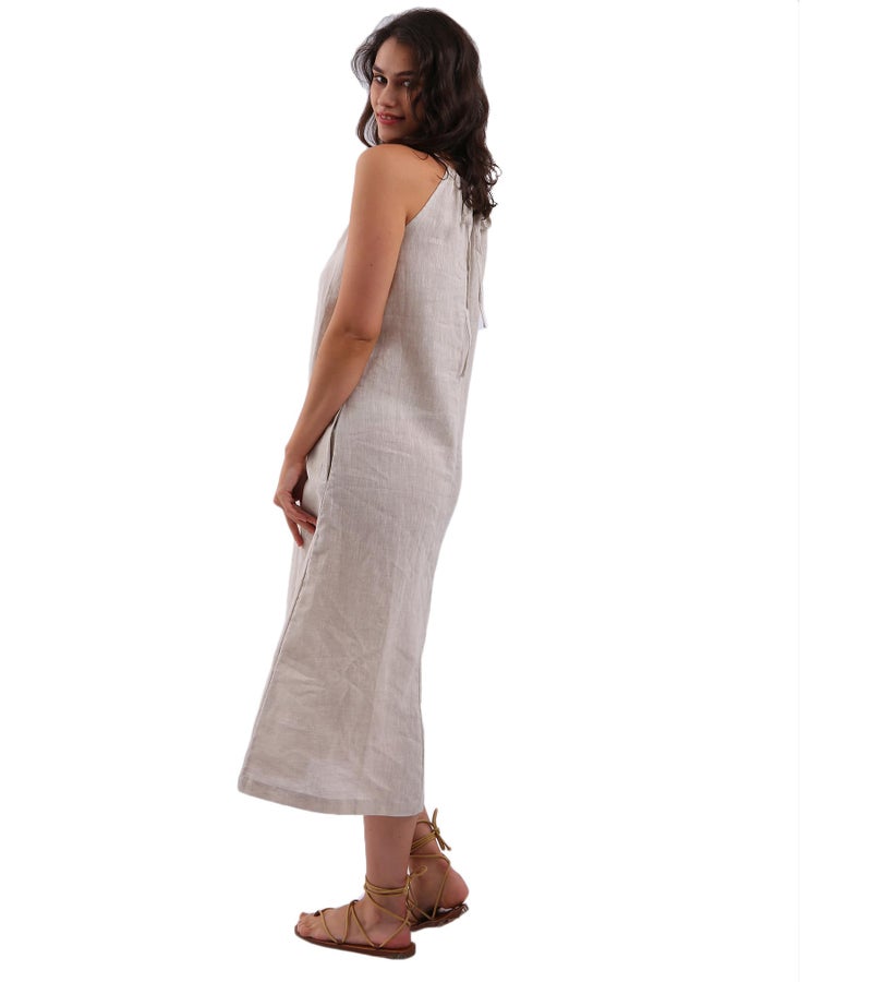 Amazhiyu Womens Linen Halter Sleeveless Maxi Dress Tie Back with Belt and Pockets Flax, Large - Image 4