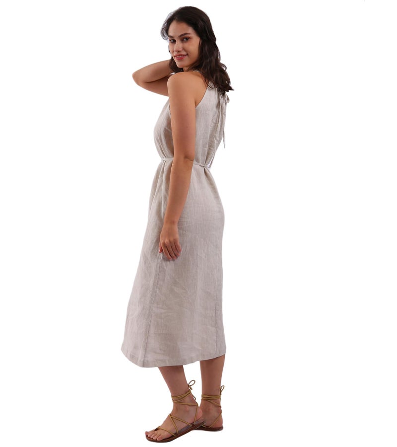Amazhiyu Womens Linen Halter Sleeveless Maxi Dress Tie Back with Belt and Pockets Flax, Large - Image 5