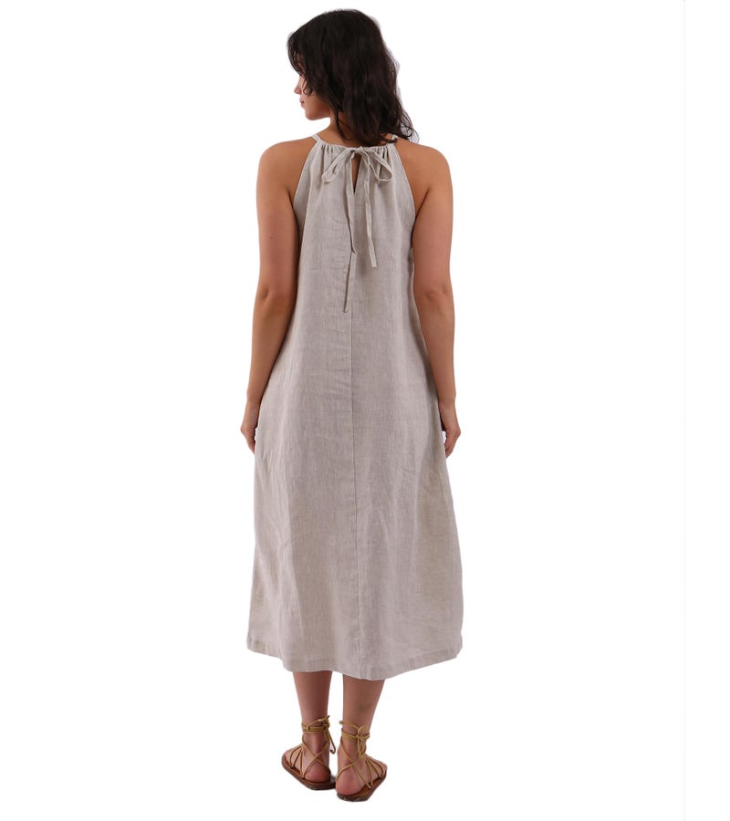 Amazhiyu Womens Linen Halter Sleeveless Maxi Dress Tie Back with Belt and Pockets Flax, Large - Image 2