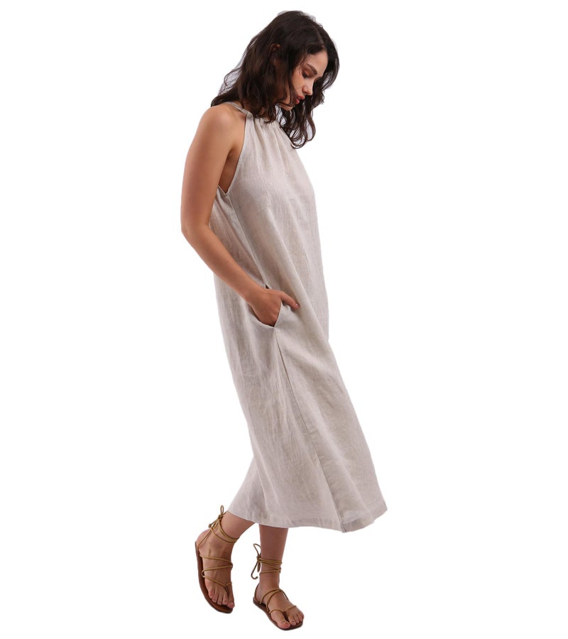 Amazhiyu Womens Linen Halter Sleeveless Maxi Dress Tie Back with Belt and Pockets Flax, Large - Image 3