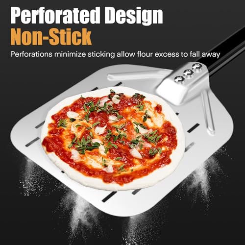 MYSWEETY 4-Piece Pizza Oven Accessories Kit, Includes 12 Inch Perforated Pizza Peel, 9 Inch Round Pizza Turning Peel, Oven Brush with Scraper and Rocker Cutter, Pizza Spatula Paddle Set for Home Pizza Making - Image 2