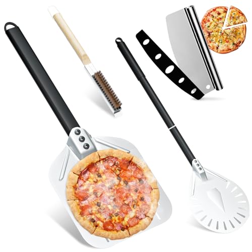 MYSWEETY 4-Piece Pizza Oven Accessories Kit, Includes 12 Inch Perforated Pizza Peel, 9 Inch Round Pizza Turning Peel, Oven Brush with Scraper and Rocker Cutter, Pizza Spatula Paddle Set for Home Pizza Making - Image 1