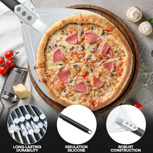 MYSWEETY 4-Piece Pizza Oven Accessories Kit, Includes 12 Inch Perforated Pizza Peel, 9 Inch Round Pizza Turning Peel, Oven Brush with Scraper and Rocker Cutter, Pizza Spatula Paddle Set for Home Pizza Making - Image 3